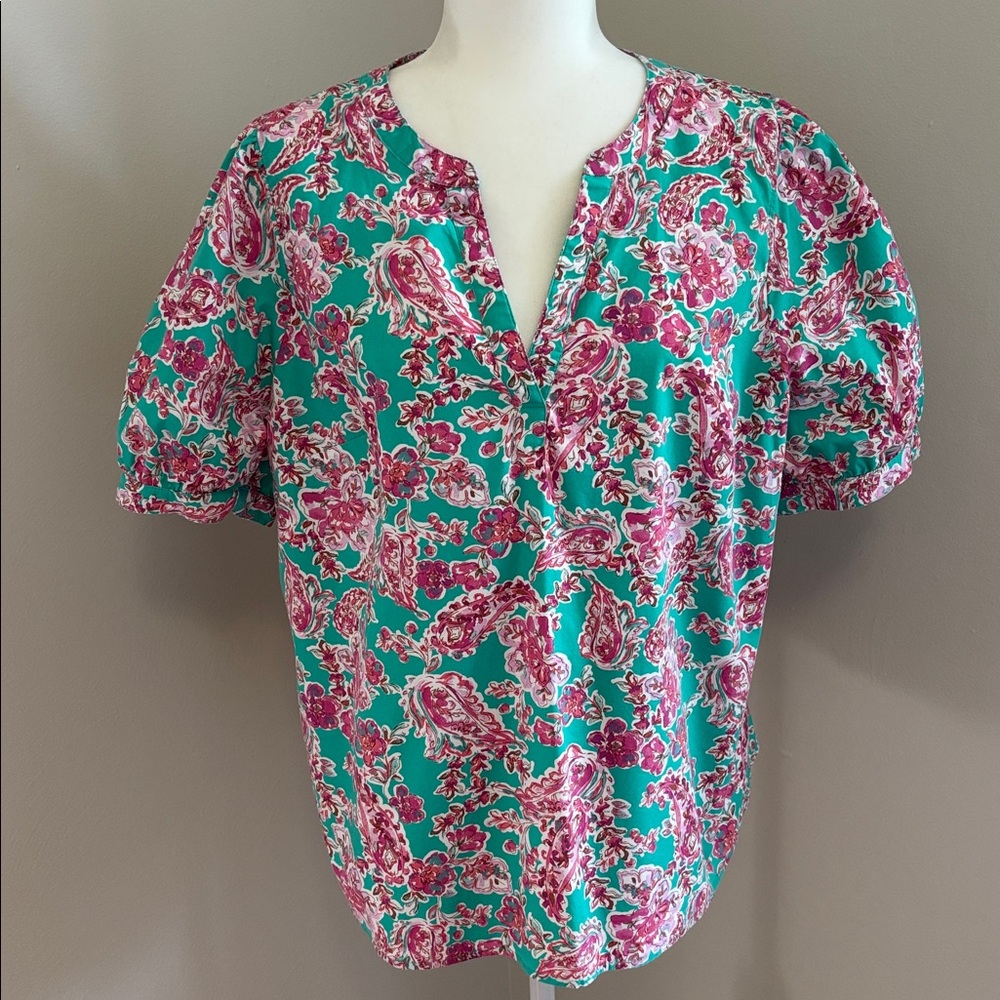 J. Crew Teal and Pink Floral Top